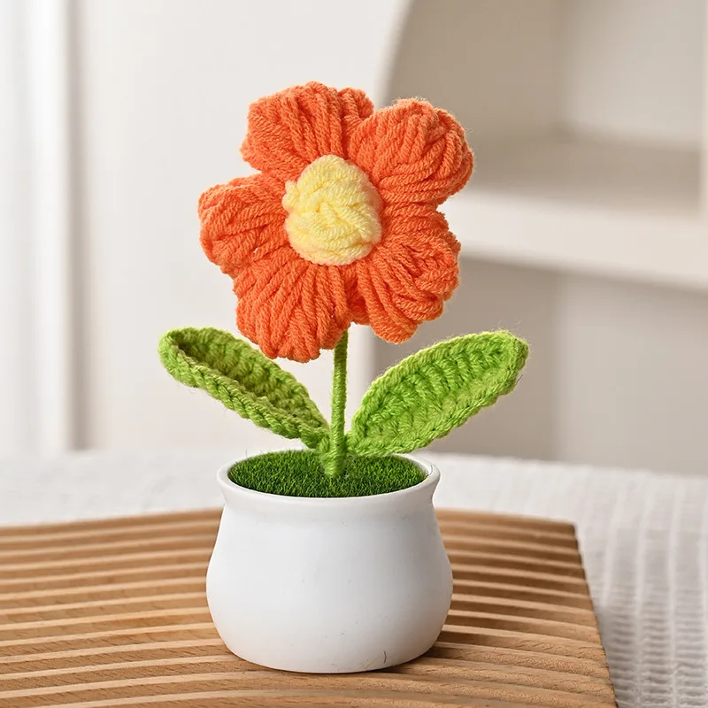 (laranja, 1 Peça) Vaso De Flores Criativo Em Tricô, Mini Flor Artificial E Planta, Decoração Artesanal Para Casa.