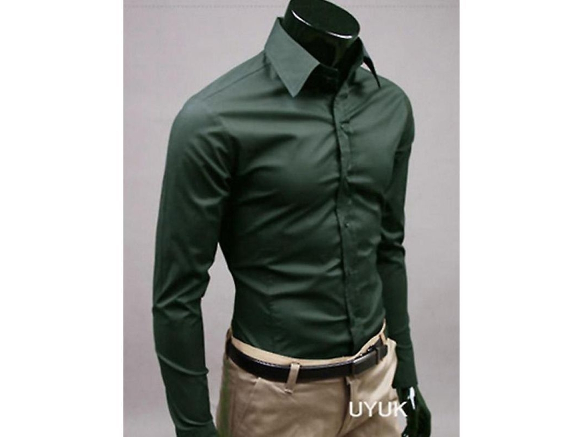 2026 camiseta Masculina de Luxo Casual Formal Slim Fit com Gola e Manga Longa de Algodão Misturado XL Verde Oscuro