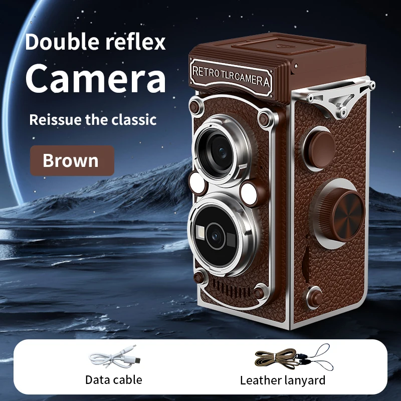 Mini Câmera Digital Retrô, Design de Lente Dupla 1080p, Câmera Portátil de 1,54 Polegadas MDUG (a Versão Marrom Utiliza um Cartão de 64 Gb)