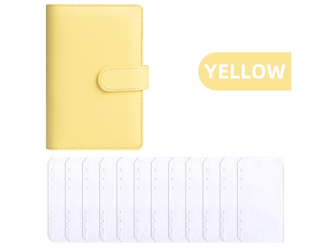 Creative A6 Pu Leather Macaron Ring Binder Cash Budget Planner Financial Ledger, Yellow Cover With 12-zipper Pockets