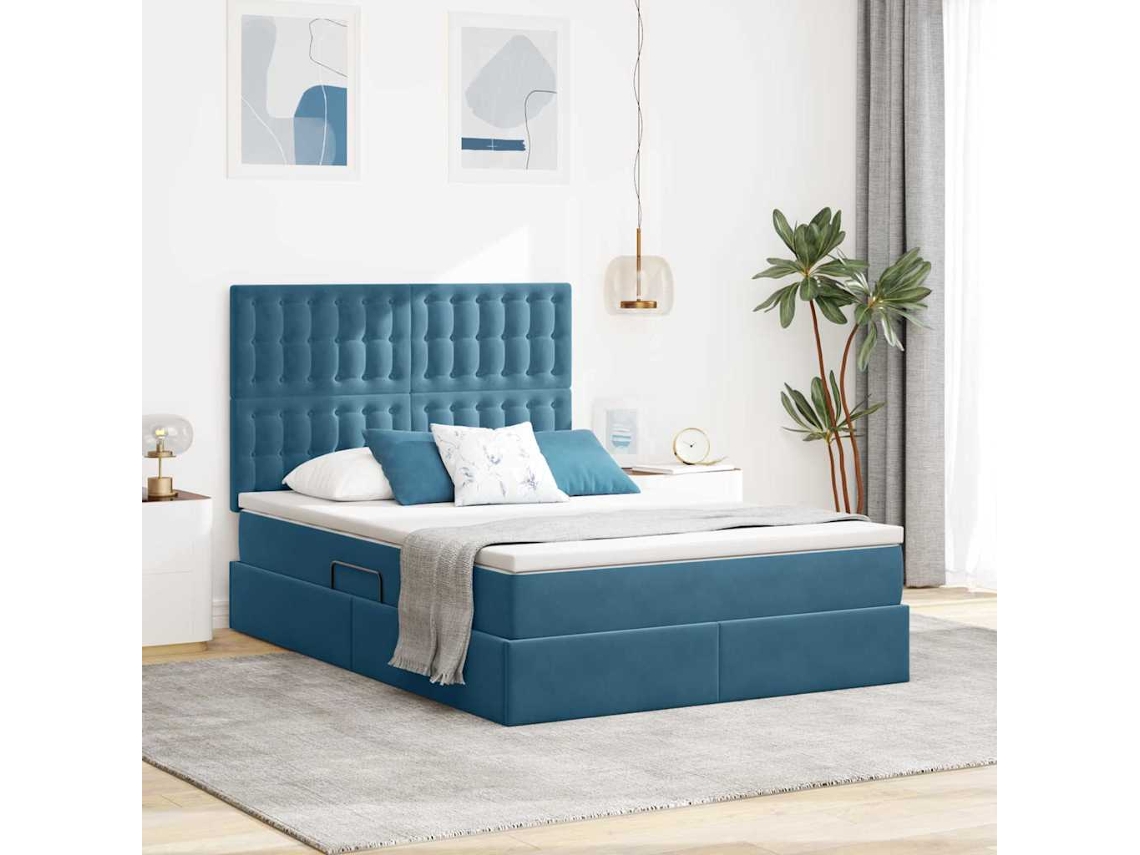 Vidaxl Cama Com Arrumação E Colchão Azul Escuro 140 X 200 Cm Veludo
