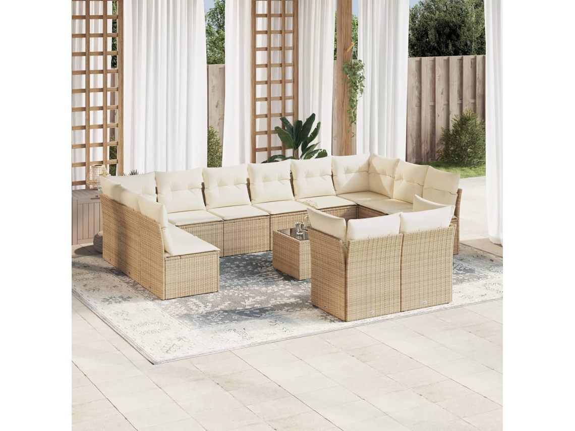 Vidaxl 13 Pcs Conjunto De Sofás P/ Jardim Com Almofadões Vime Pe Bege