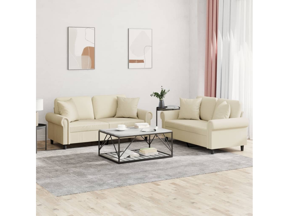 Vidaxl 2 Pcs Conjunto De Sofás Com Almofadas Couro Artificial Creme