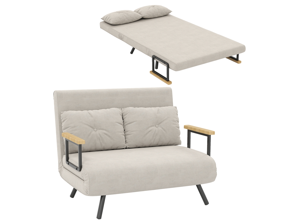 Sofá Cama Dobrável de 2 Lugares com Encosto Ajustável, 2 Almofadas, Bege