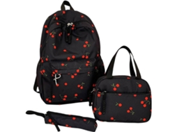 Conjunto Genérico De Mochila Escolar 3 Peças, Feminina Com Lancheira E Estojo, Estampa Cerejas, Para