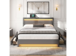 Cobertor Acolchoado 140x190 Cm Com Porta Usb , Luz Led, 4 Gavetas E Design Pu Lichee Em Cinza Sem Colchão Btforus (carregamento Sem Fio E A Cabo)