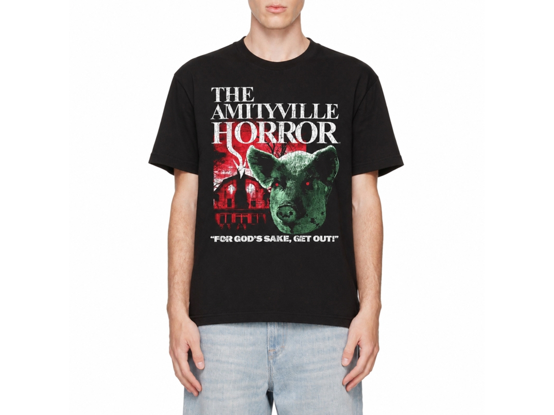 Rockinstone Amityville Horror Movie Pig And House Black Adult T-shirt Size:l