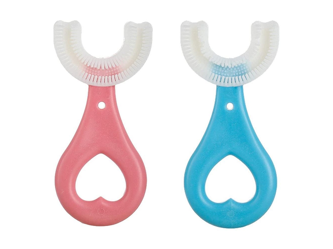 Mali 2pcs Escova dentes em Forma de U Manual de Treinamento Borracha Macia Alimentar para Bebê Rosa Azul Coração