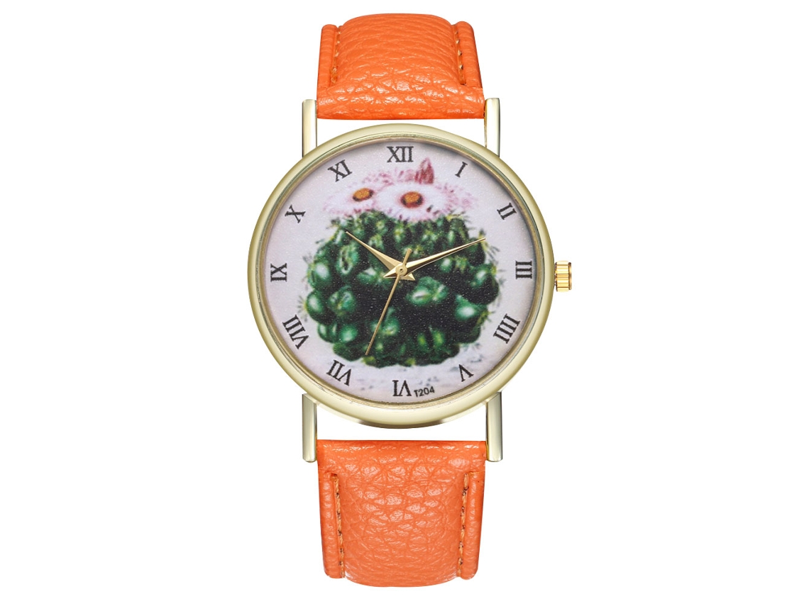 Relógio de quartzo com pulseira de couro PU, mostrador com desenho de cacto, unissex (laranja)