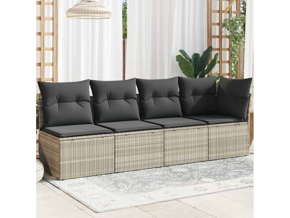 Vidaxl Sofá Jardim De 4 Lugares Com Almofadões Vime Pe Cinzento Claro