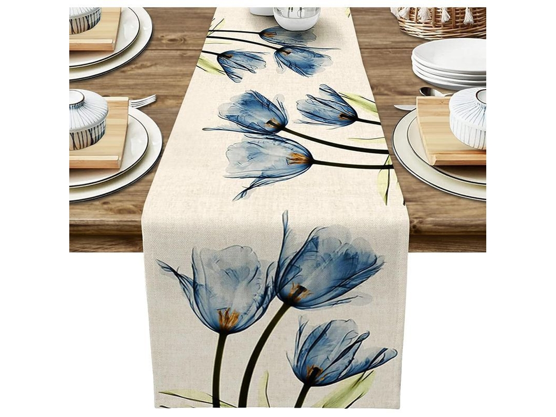2026 runner para Mesa 13 X 71 Polegadas Azul Tela Lino com Flores Decoração Resistente Lavável