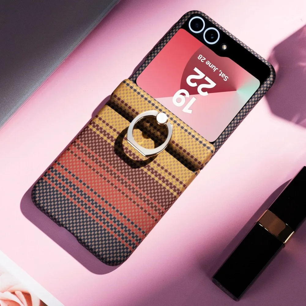 (amarelo, Galaxy Z Flip 6) Capa De Celular De Luxo Com Suporte De Anel Para Negócios, Capa Protetora Com Textura De Fibra De Carbono.