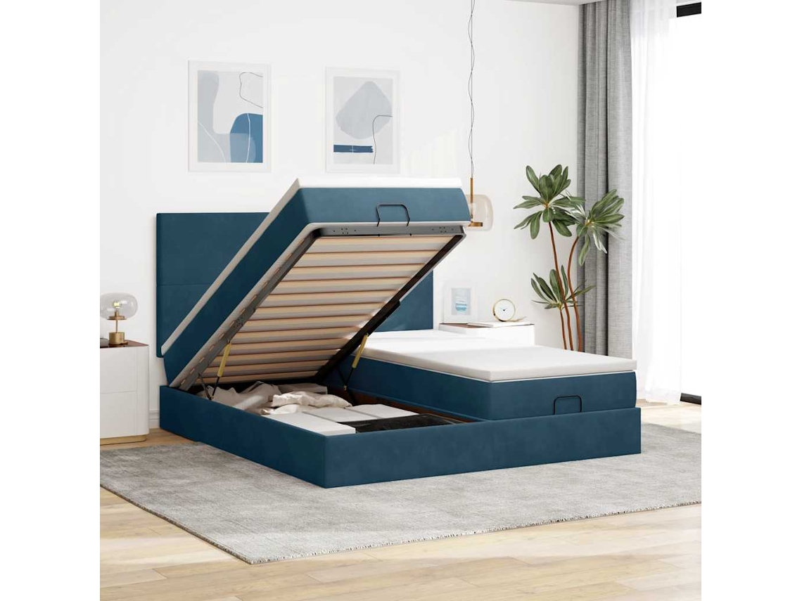 Vidaxl Estrutura De Cama Otomana Com Colchão Azul Escuro Veludo