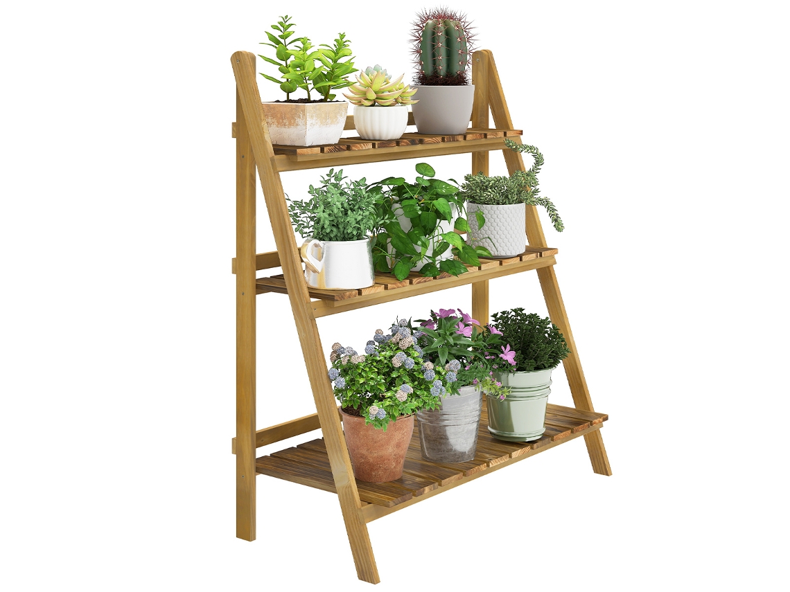 Suporte para Plantas de Madeira, 3 níveis, estante dobrável para vasos, 80x37x93cm, natural BTFORUS