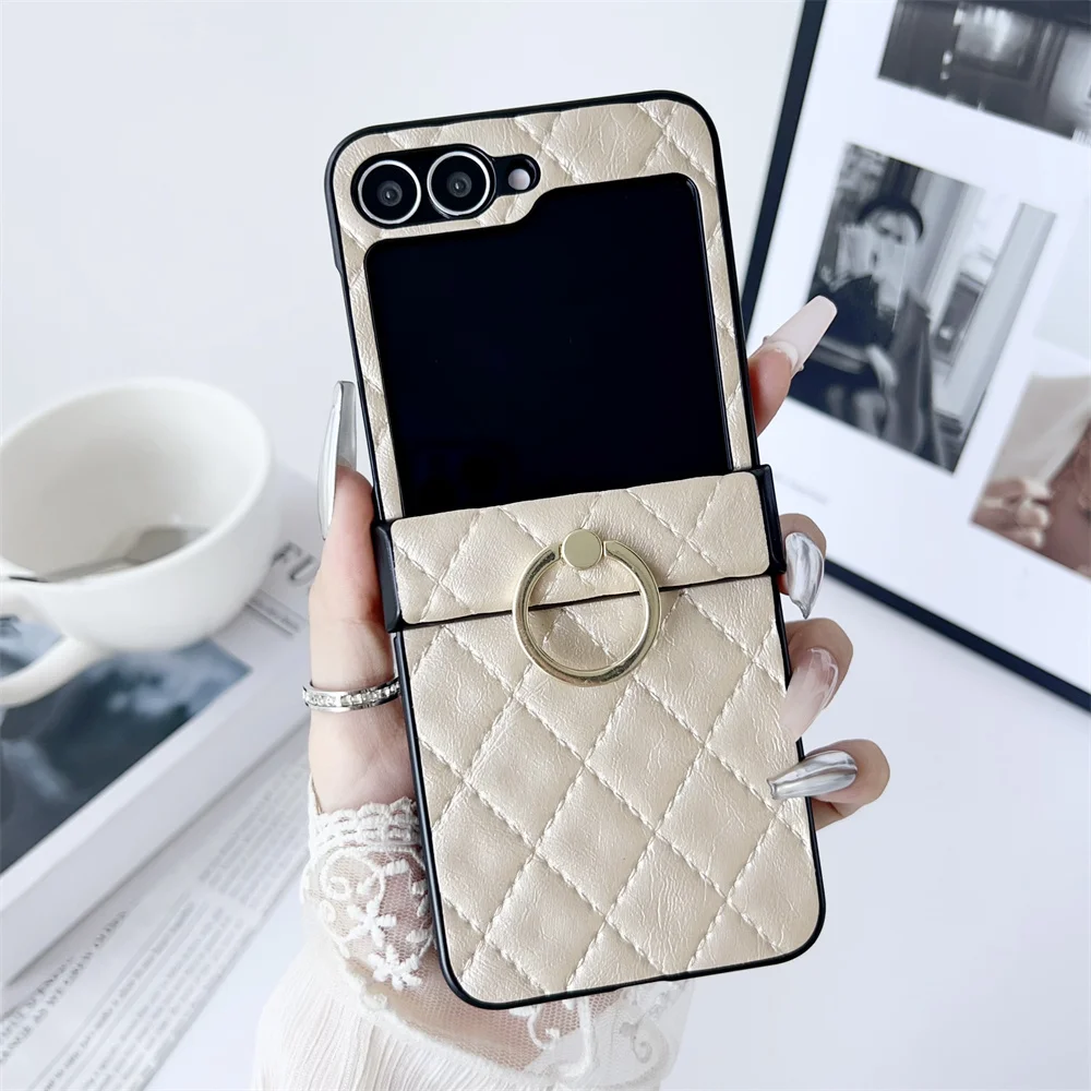 (bege, Galaxy Z Flip5) Capa Para Celular Em Couro Legítimo Com Padrão De Malha, Suporte De Anel E Proteção Flip Contra Impactos.