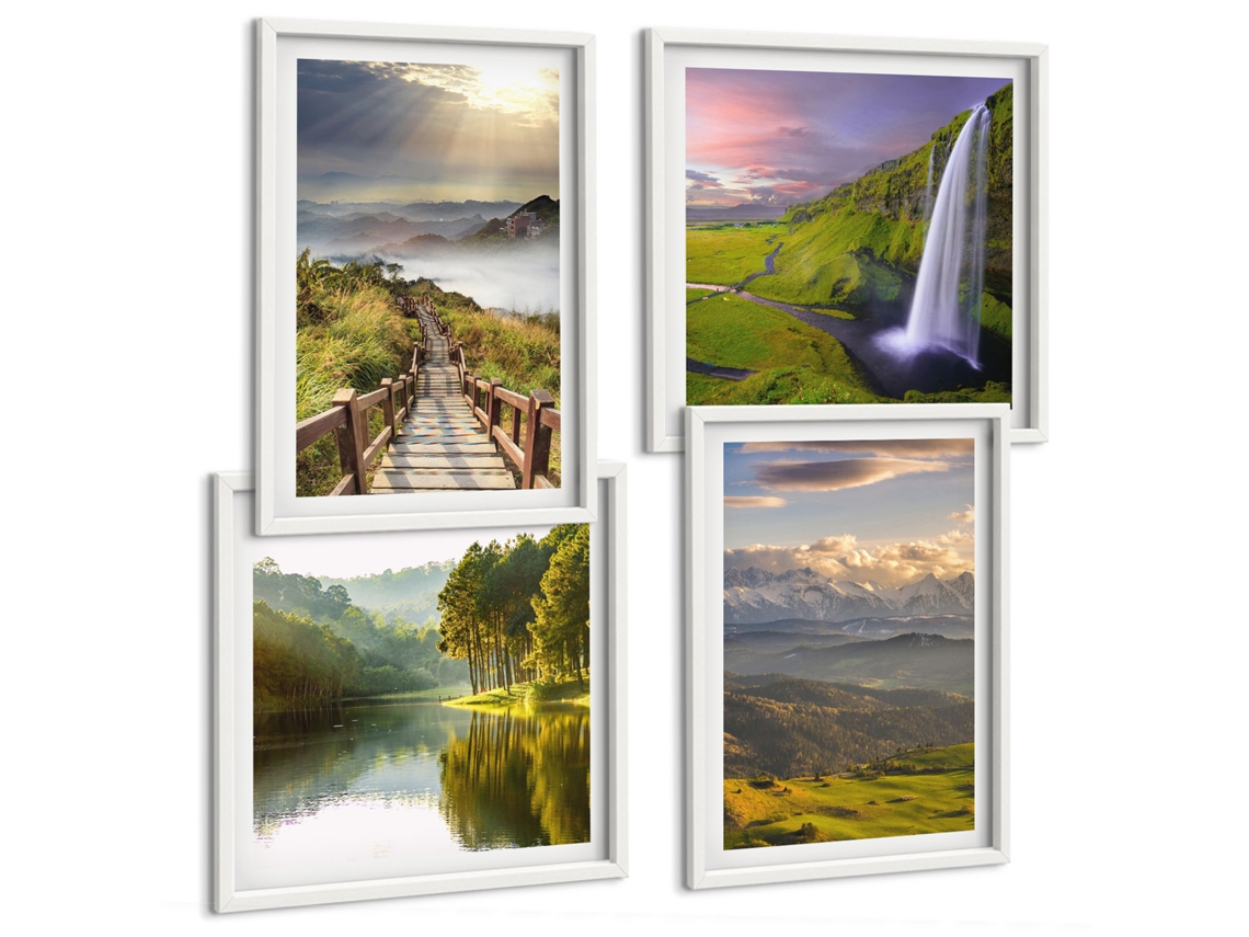 Composição De Quadros Paisagens De Montanha, Cachoeira Moldura Branca Fotos Para O Escritório Espelharte (conjunto De 4 Imagens)