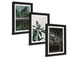 Conjunto De Pinturasfolhas Verdes Na Janela, Plantas Moldura Preta Quadros Para A Sala De Estar Espelharte (3 Peças 20x30 Cm)