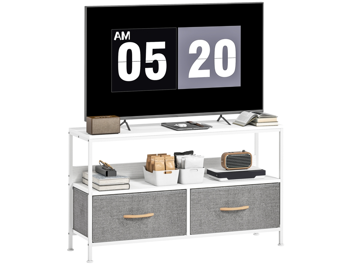 Móvel de TV com prateleira e 2 gavetas de tecido dobráveis, até 47 polegadas, 98x29x56cm, branco e cinza