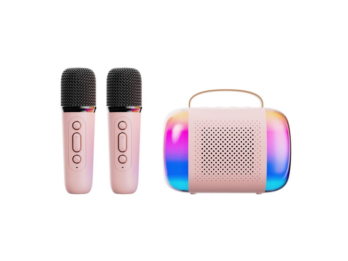 Mini Máquina De Karaokê, Caixa De Som Bluetooth Portátil Com 2 Microfones Sem Fio E Luz Led Rosa. Aquaforge