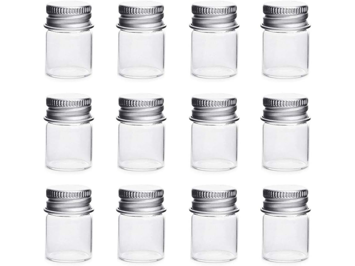 Lote De 12 Mini Frascos Em Vidro Transparente Com Botões Em Alumínio 5 Ml, Transparente, 5ml