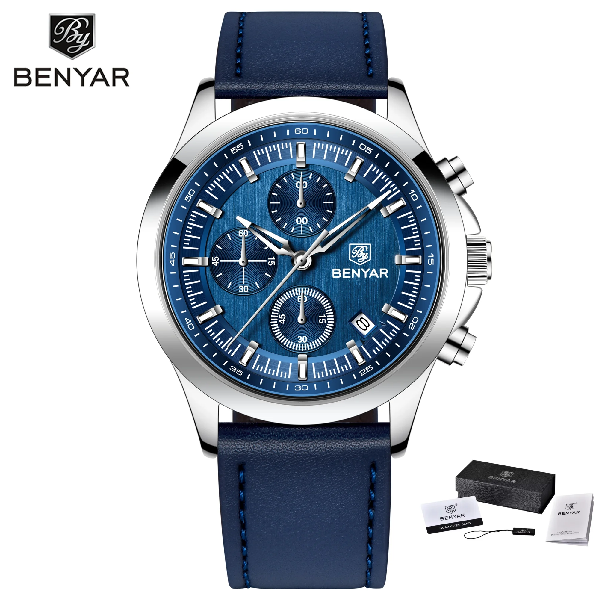Relógio Masculino De Quartzo (couro Azul), À Prova D'água, Vidro Mineral, Luxuoso E Elegante.