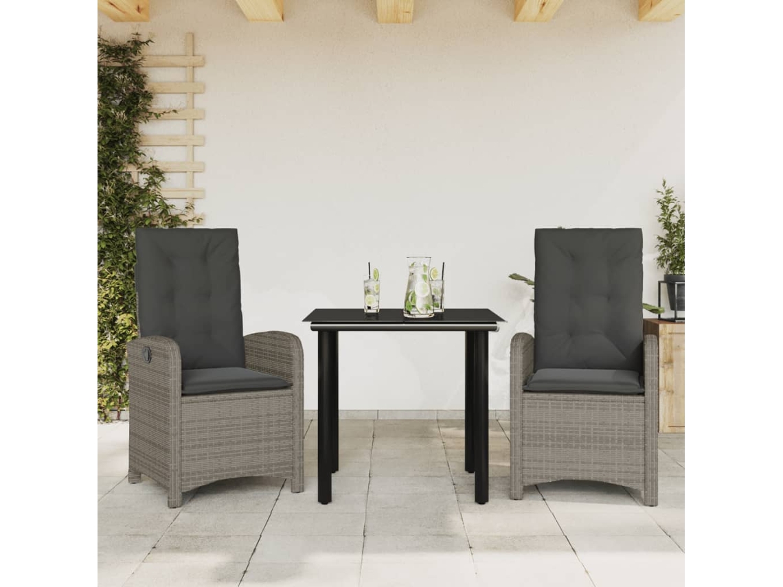 3 Pcs Conjunto De Jantar P/ Jardim C/ Almofadões Vime Pe Cinza Dkd Home Decor