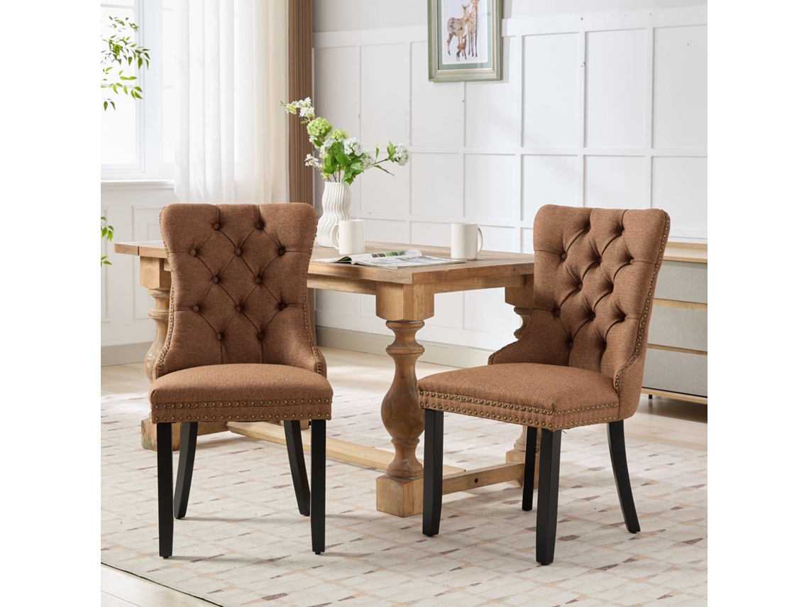 Conjunto de 2 Cadeiras de Sala Jantar MOBRIO Estufadas, Modernas, Capitoné Encosto, Pernas Madeira, Acabamentos Café