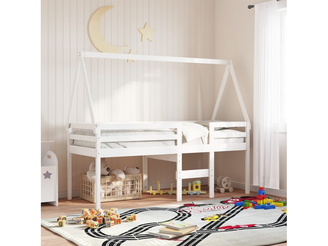 Vidaxl Cama Alta Com Telhado 90x190 Cm Pinho Maciço Branco