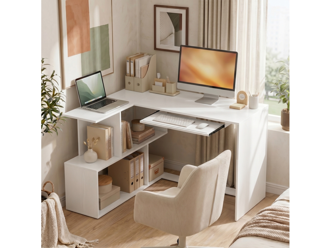 Corner Desk. Computer Desk With Keyboard Pull-out And Open Shelves, White Wood Look