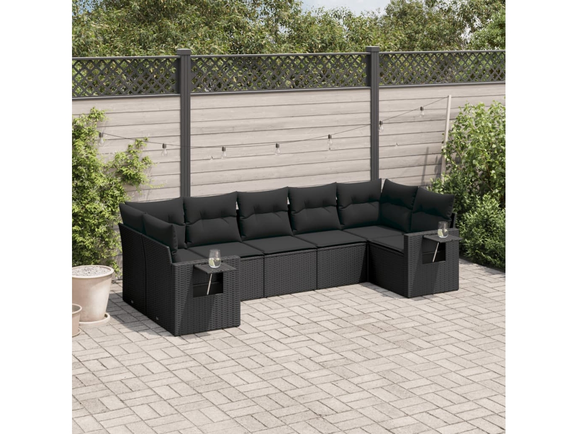 Jogo de Sofá 7 Peças P/ Jardim C/ Almofadões Vime Pe Preto Dkd Home Decor