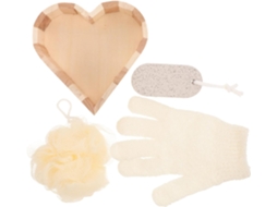Kit de banho esfoliante em formato de coração com bandeja de madeira, esponja, pedra e bola.