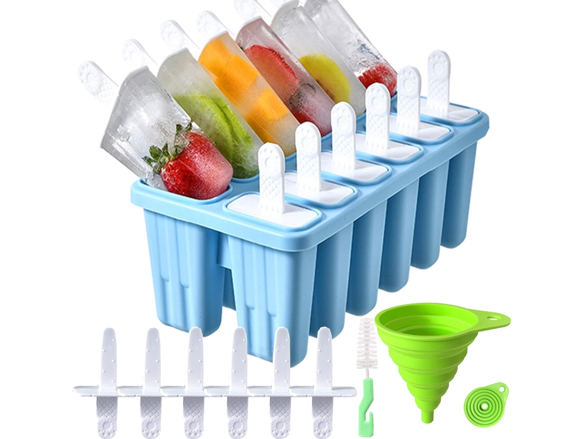 Forma de Silicone para Sorvete , Palitos de Sorvete Reutilizáveis e Escova de Limpeza. MDUG (azul, com 12 Compartimentos)