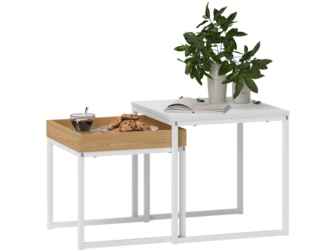 Mesa de centro moderna, conjunto de 2 sofás com mesas, para espaços pequenos, quadrada, MDF, metal, branco MARCA