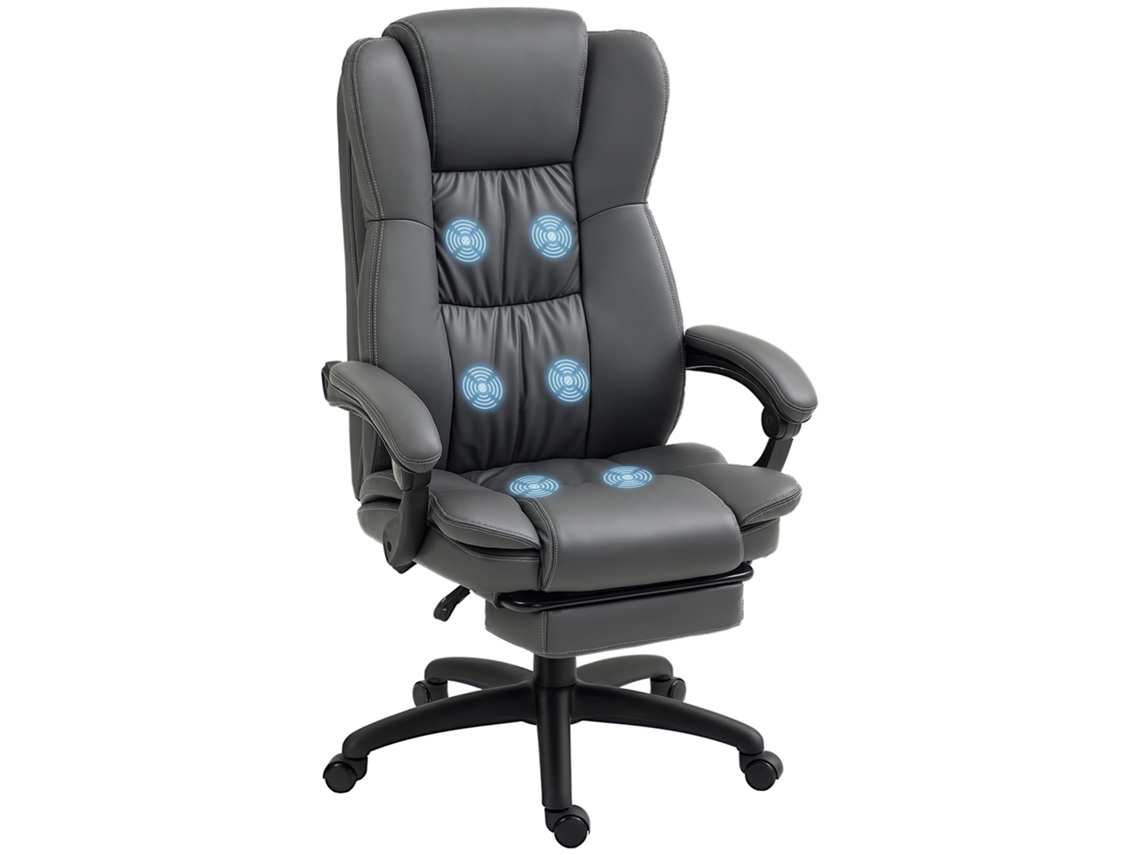 Cadeira Giratória Ajustável com Apoio para os Pés. Encosto de Cabeça. Função de Massagem. Couro Sintético. 68,5x68,5x113 121cm. Cinza Escuro Ge