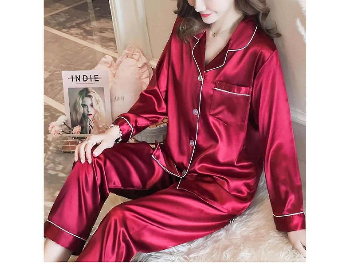 2026 pijama de Seda Satin para Mulher com Manga Longa Conjunto de Pijamas Rwf 2xl Rojo