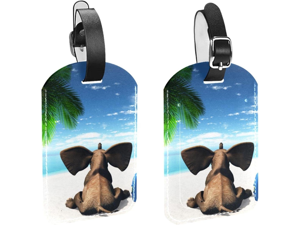 Conjunto De 2-etiquetas Viagem Masculinas Bagagem Elefante Divertido Praia Coqueiro Material Pu Etiquetas Mão