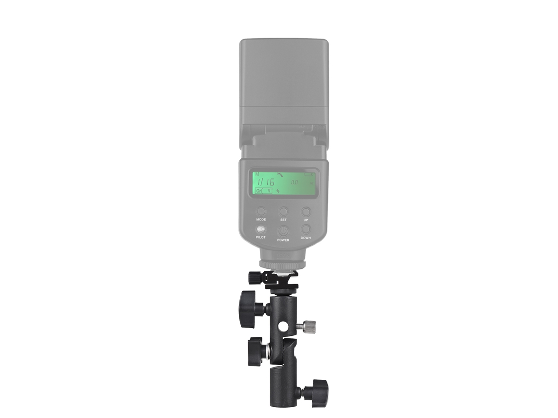 Suporte giratório para flash de câmera 2026 com base fria, parafusos de 1/4" e 3/8", suporte para guarda-chuva e acessórios para flash.