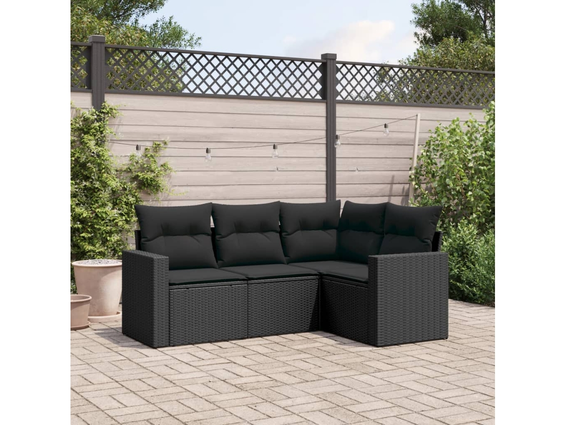 Vidaxl 4 Pcs Conjunto De Sofás Para Jardim C/ Almofadões Vime Pe Preto