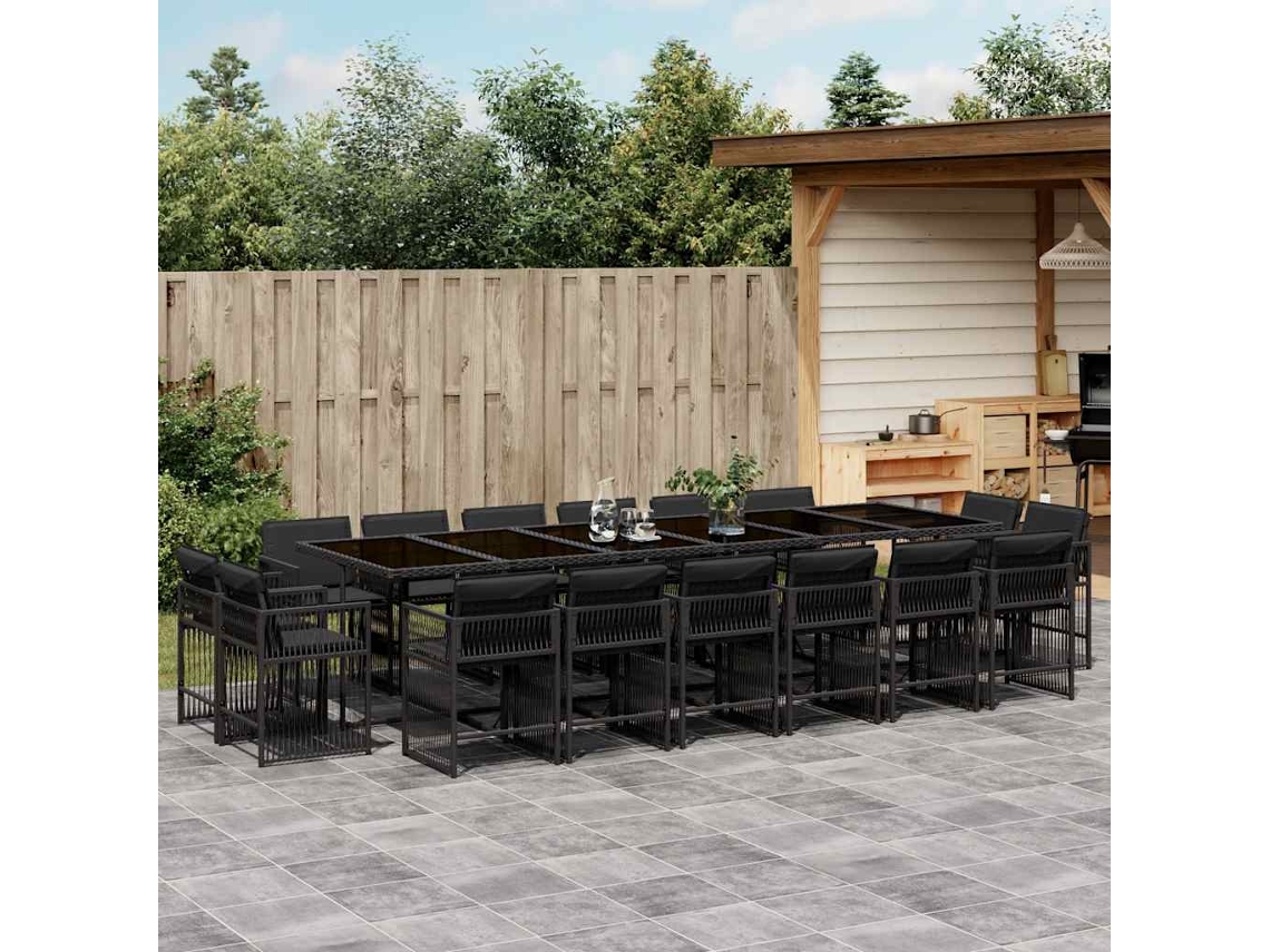 Vidaxl 17 Pcs Conjunto De Jantar P/ Jardim C/ Almofadões Vime Pe Preto