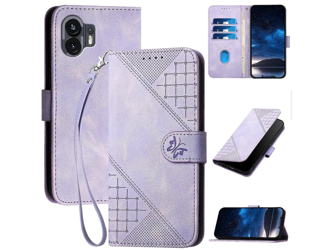 Capa De Couro Com Estampa De Borboleta Em Relevo Yx0080 Com Cordão Para Nothing Phone 2