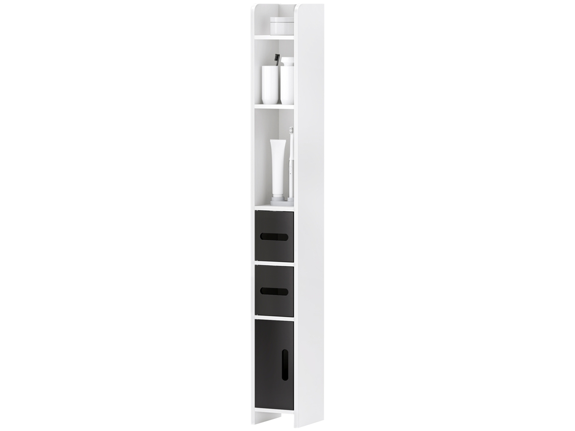 Coluna Casa De Banho 3 Portas 3 Prateleiras Abertas, Armário Moderno De Altura, Branco Preto 15x17x120 Cm