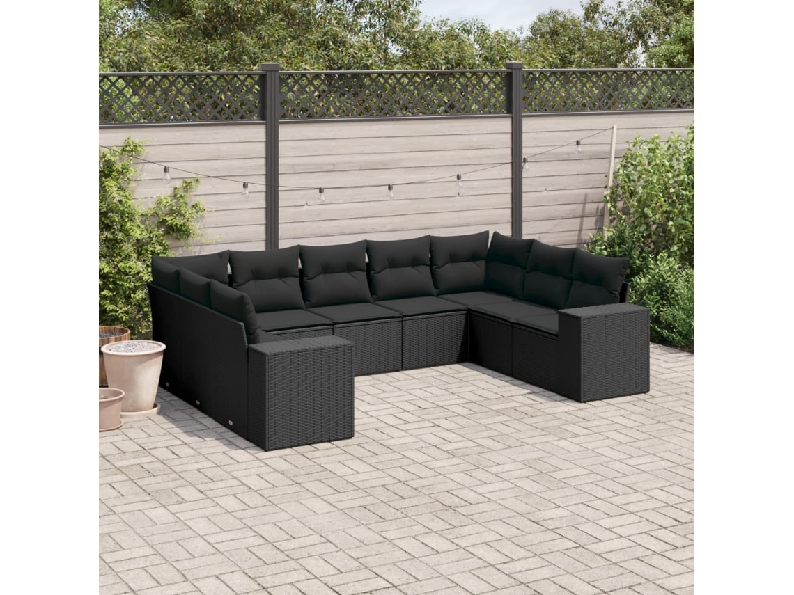 Vidaxl 9 Pcs Conjunto De Sofás P/ Jardim C/ Almofadões Vime Pe Preto