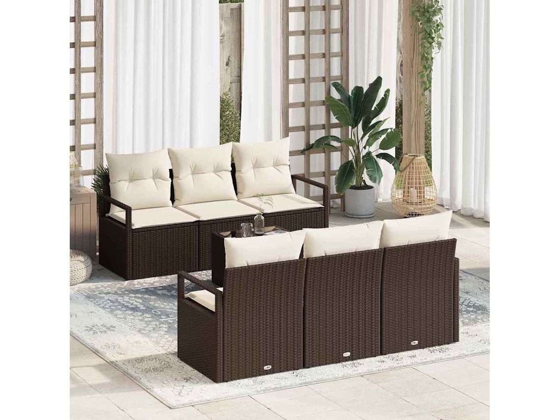 Vidaxl Conjunto De Sofás Com Almofada 7 Pcs Marrom E Creme Vime Pe