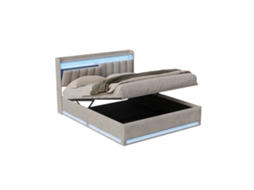 Cama De Casal 140x200 Cm, Cabeceira Com Arrumação, Iluminação Led E Carregador, Cama Estofada Hidráulica, Cama Funcional, Cinza Mexus