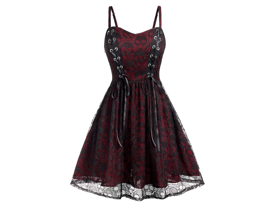 Vestido de Halloween com Cabeça de Caveira – Camisola Mini com Renda e Mesh Vestido de Bruxa para Mulheres Vermelho NEVEANCE