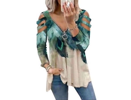 Blusa De Mulher Missmao Sem Alas Decote V Flores Gua Mangas Estampado Verde (no Comunicado)