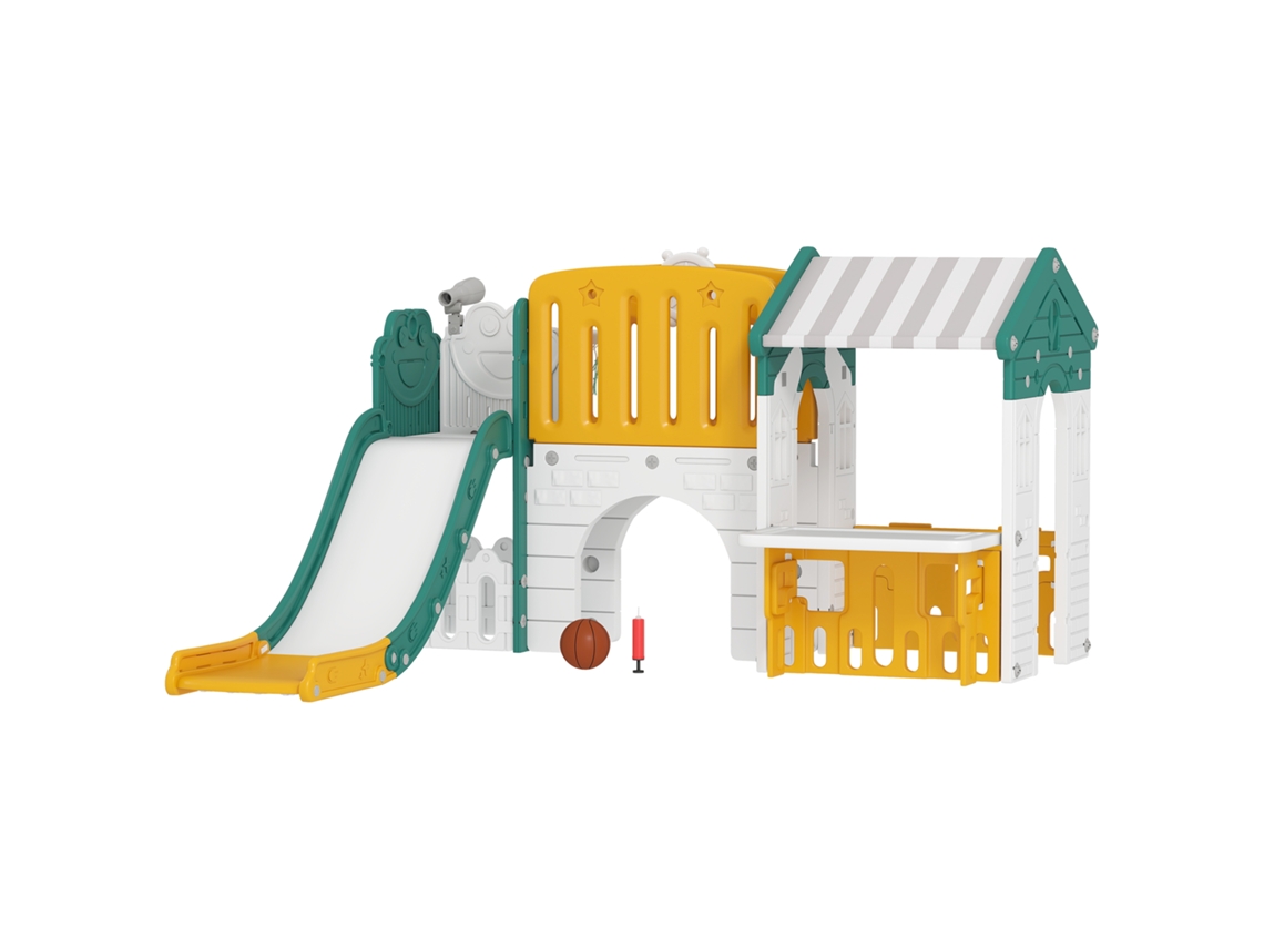 Escorrega Infantil 7 Em 1 Com Casinha Para Crianças Com Aro De Basquetebol Túnel Quadro Telescópio 189x180x111 Cm Amarelo E Verde