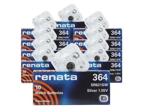RENATA 364 Sr621Sw 10Pack X 10Pcs = 100 Silver 1.55V Bateria de Relógio Feita na Suíça