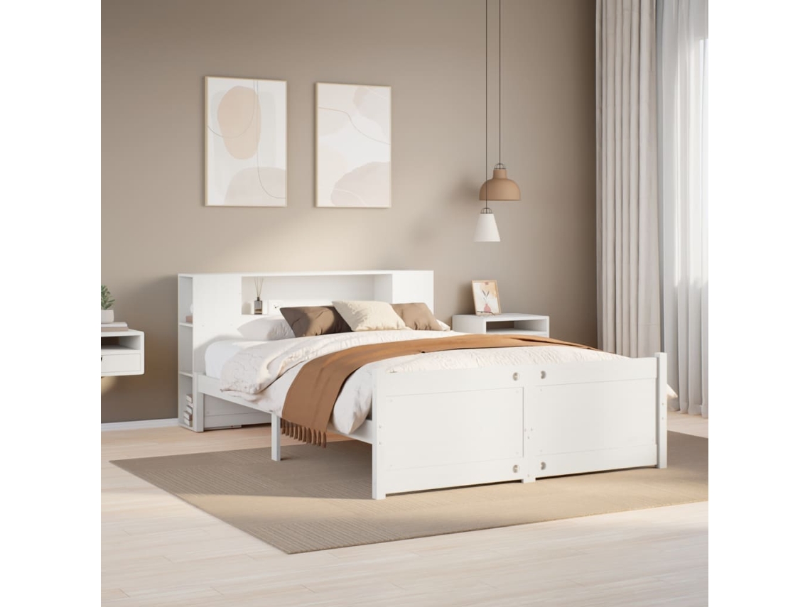 Vidaxl Cama Com Estante Sem Colchão 150x200 Cm Pinho Maciço Branco