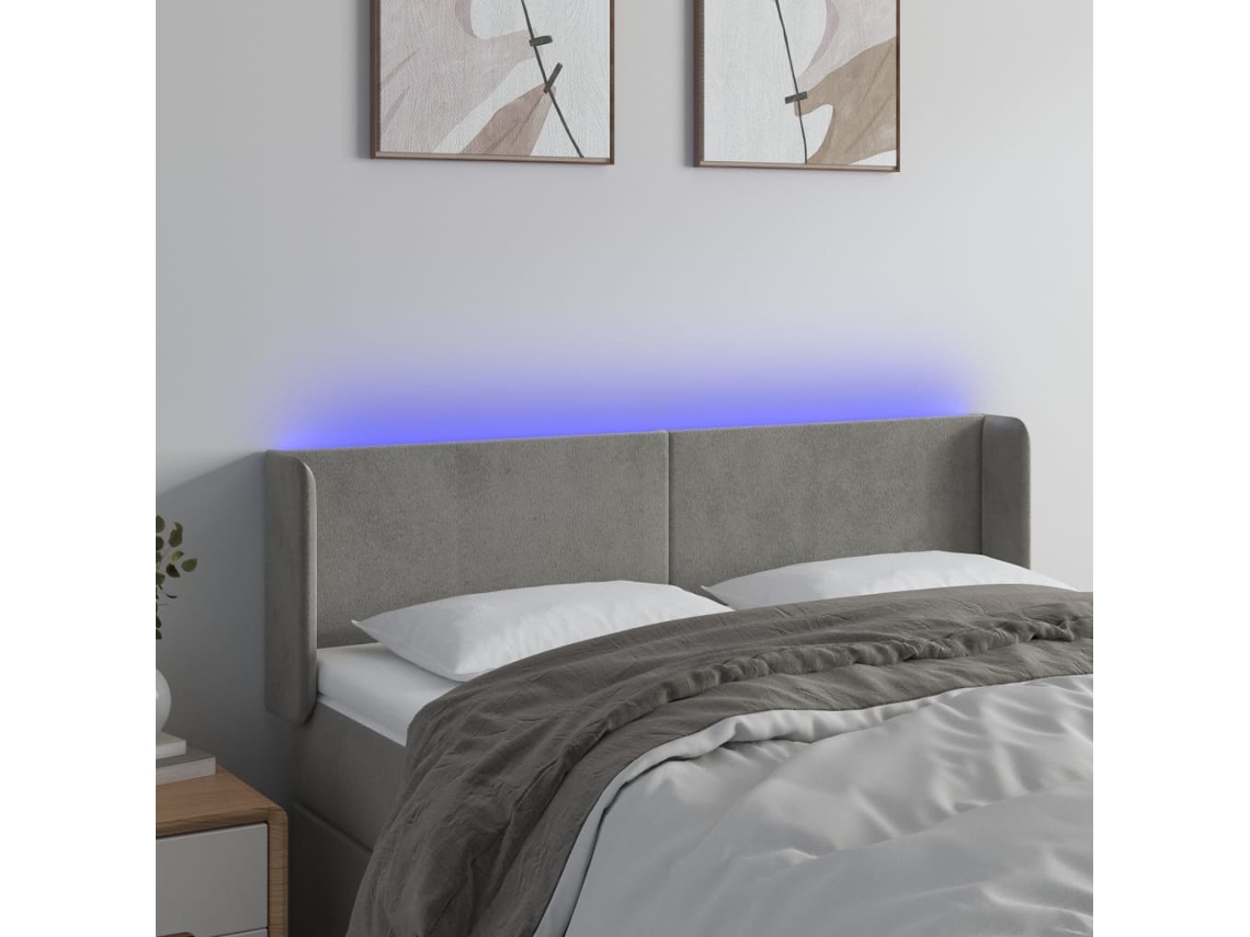 Vidaxl Cabeceira Cama C/ Luzes Led Veludo 147x16x78/88 Cm Cinza-claro